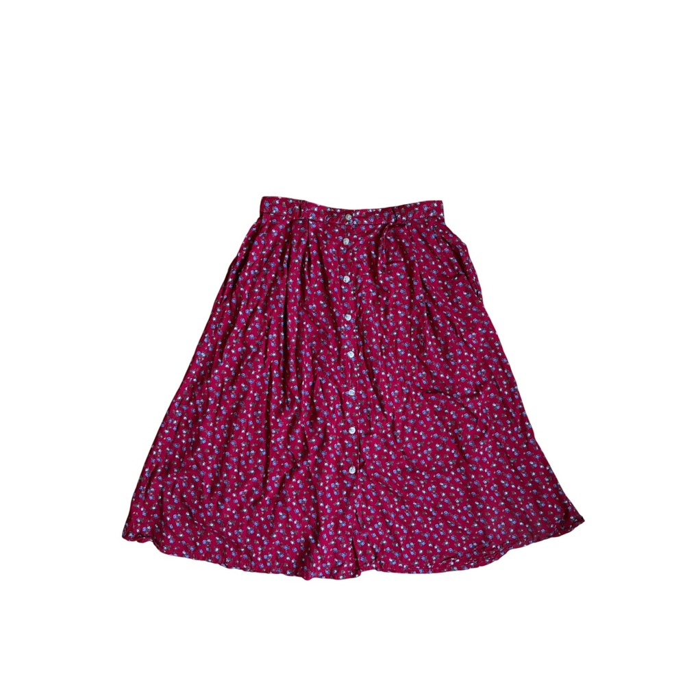 LL Bean Vintage 90s Red Floral Button Front Midi Skirt Pockets XL Petite USA